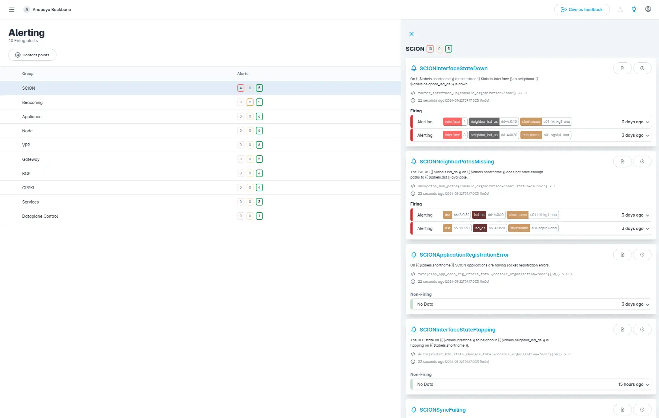 The Anapaya Console - Dashboard showing alerts in case of network incident
