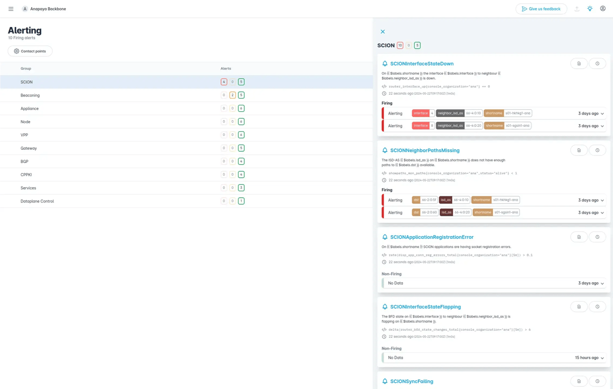 The Anapaya Console - Dashboard showing alerts in case of network incident