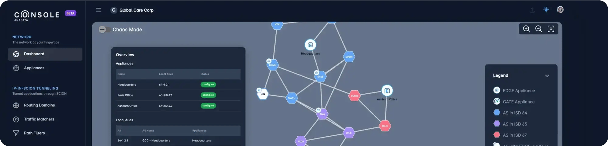 Anapaya Console dashboard with network overview.
