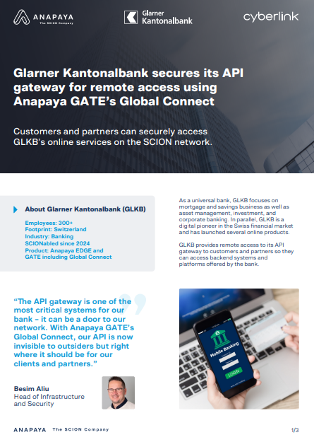  Glarner Kantonalbank secures its API gateway for remote access using Anapaya GATE’s Global Connect